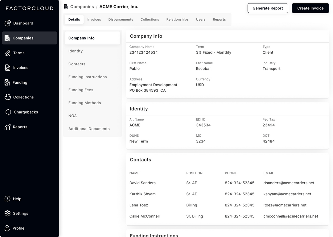 FactorCloud dashboard — Quick Peek invoice view